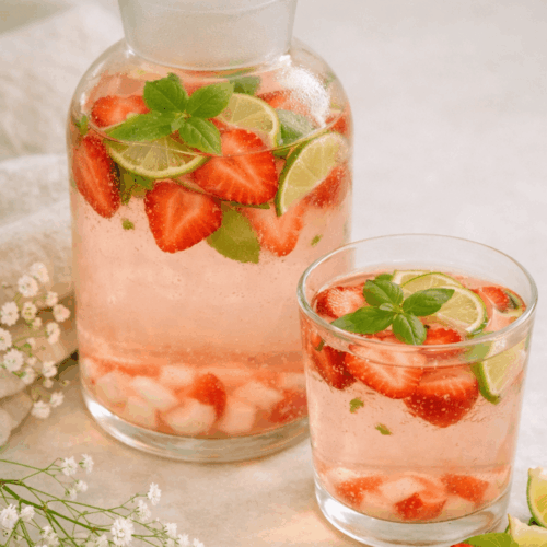 Carafe d'eau infusée maison fraise, pêche blanche, citron vert et basilic sur une table ensoleillée.