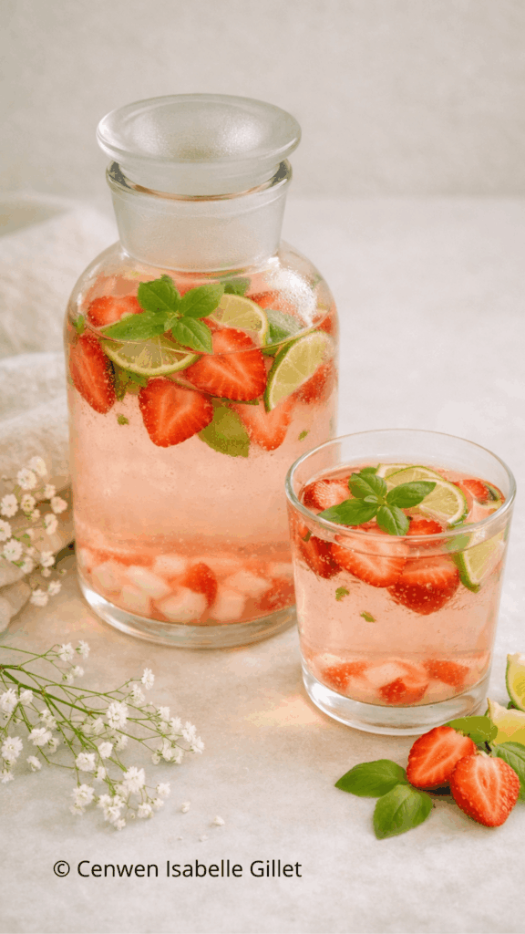 Carafe d'eau infusée maison fraise, pêche blanche, citron vert et basilic sur une table ensoleillée.
