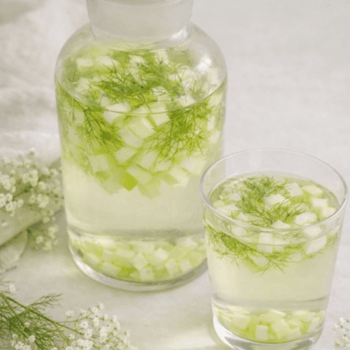Photo d'archive - Carafe en verre remplie d'eau infusée avec des tranches de citron et des tiges de fenouil fraîches