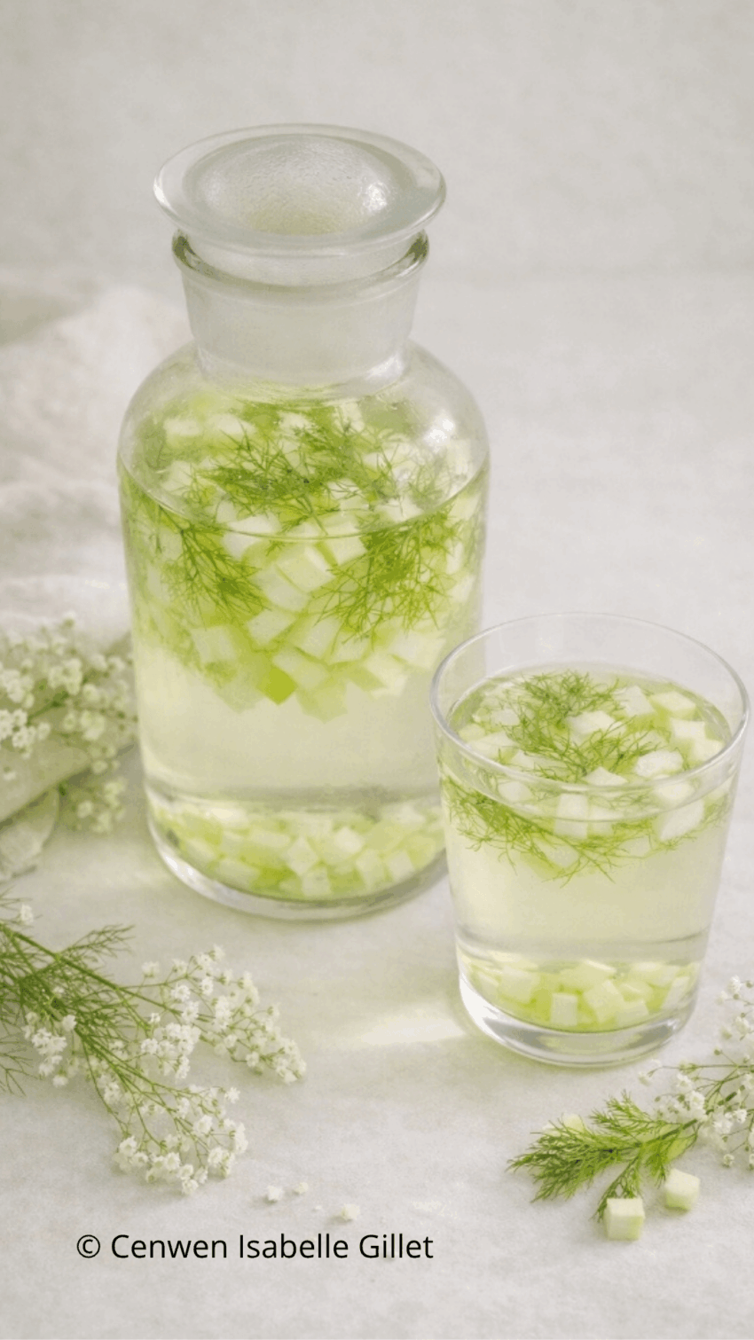 Photo d'archive - Carafe en verre remplie d'eau infusée avec des tranches de citron et des tiges de fenouil fraîches