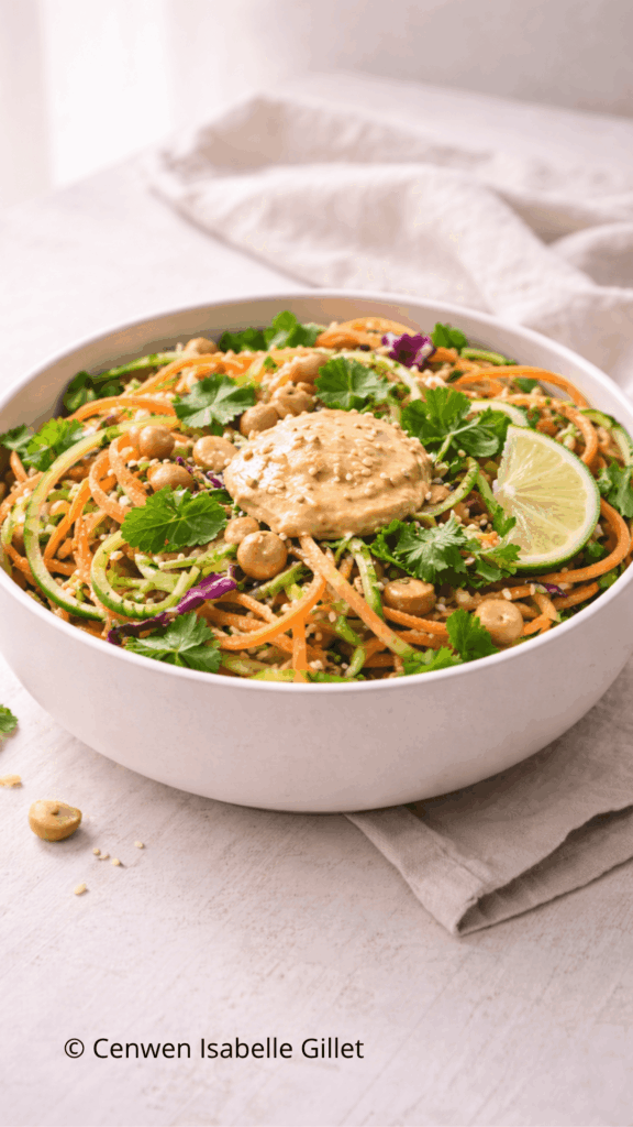 Salade de concombre et carotte à la thaïlandaise dans un bol en céramique blanc, parsemée de graines de sésame et de coriandre fraîche.