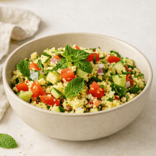 Un grand bol de taboulé maison à la menthe fraîche, parsemé de dés de tomates, de concombres croquants et d'oignons blancs