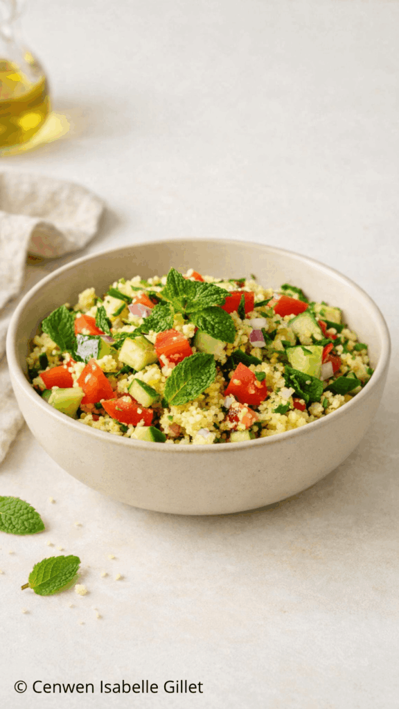 Un grand bol de taboulé maison à la menthe fraîche, parsemé de dés de tomates, de concombres croquants et d'oignons blancs