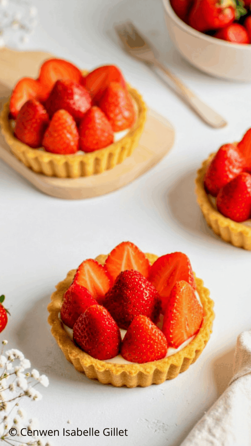 Tartelettes individuelles aux fraises fraîches et crème pâtissière sur fond de pâte sablée.
