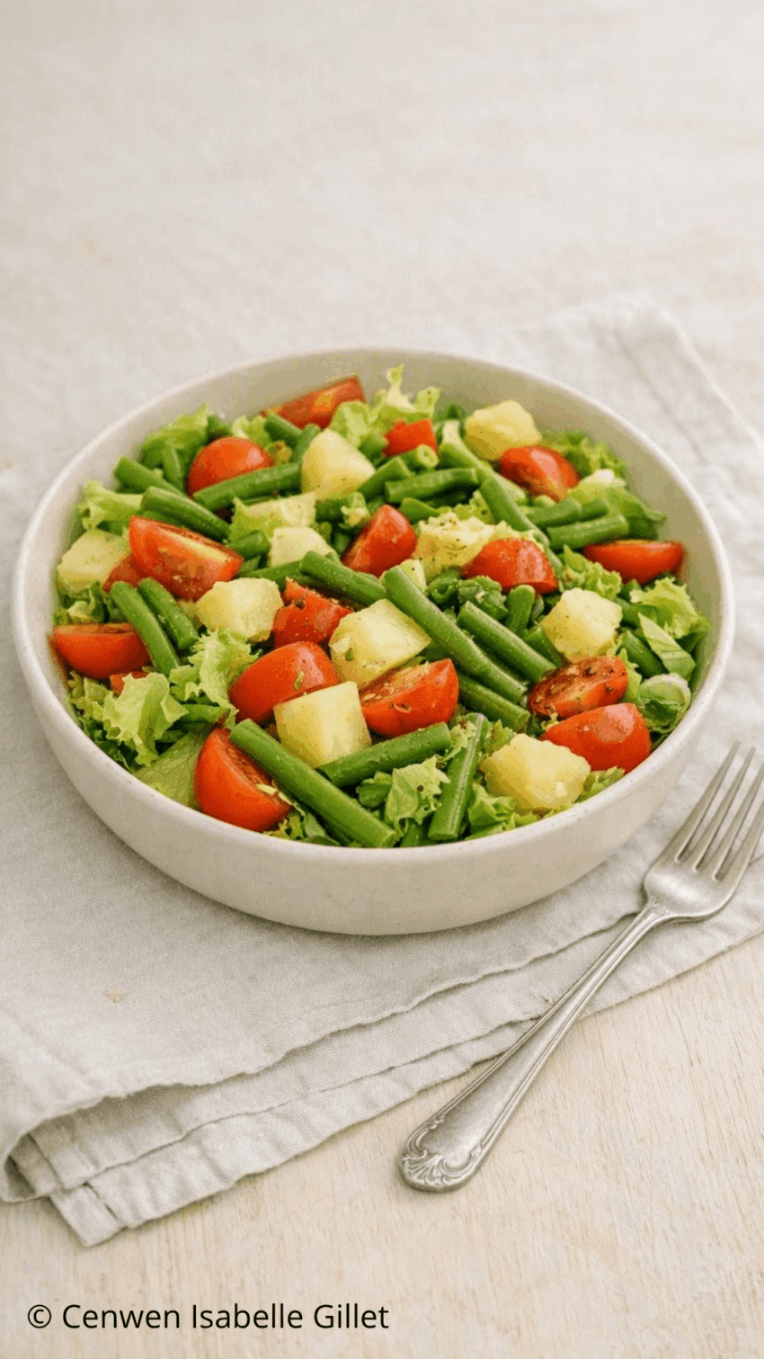 Salade tourangelle aux haricots verts, dés de pommes de terre et tomates dans un grand bol blanc.