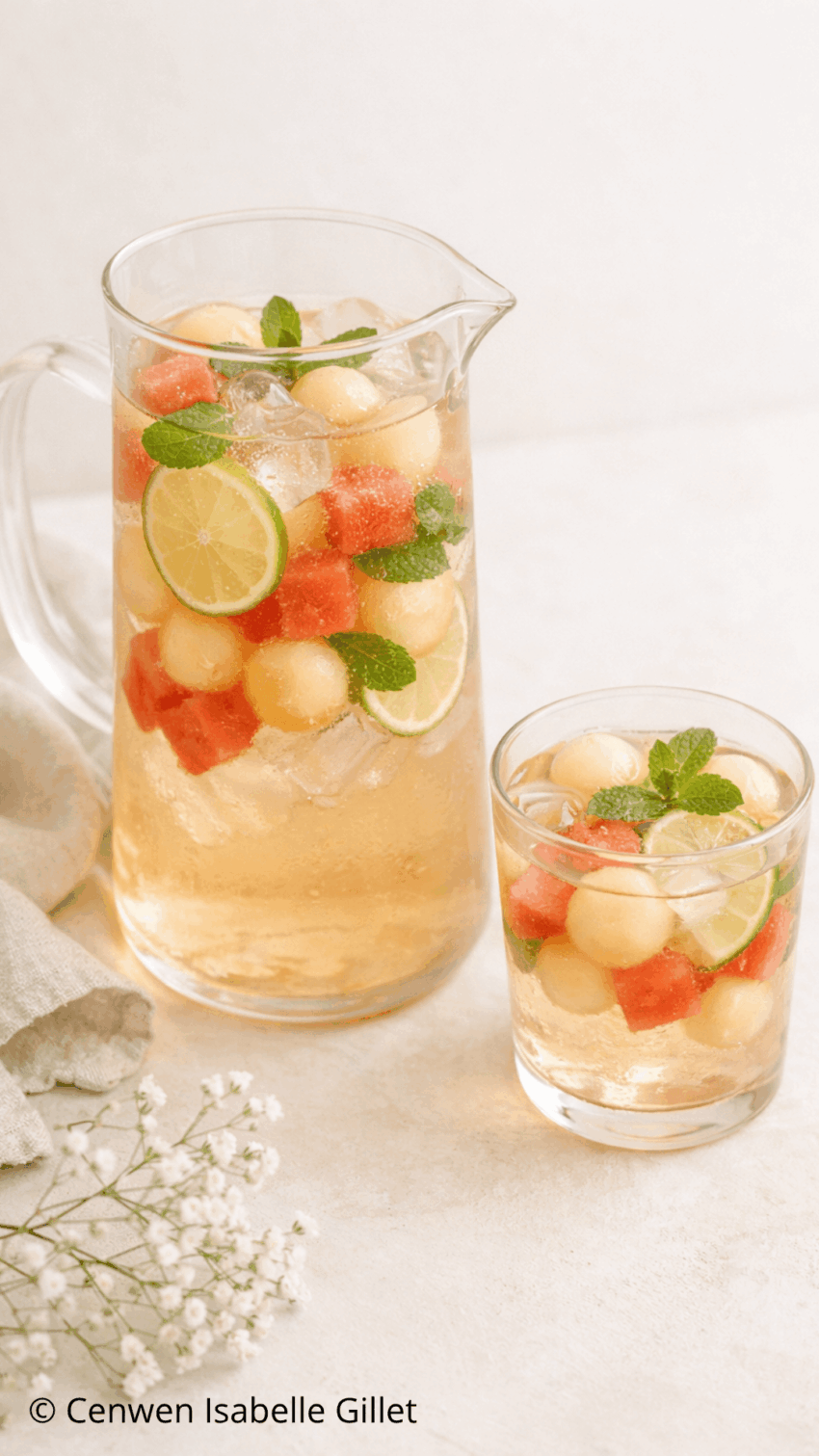 Carafe de thé glacé au melon, pastèque, rondelles de citron vert et feuilles de menthe fraîche avec glaçons.