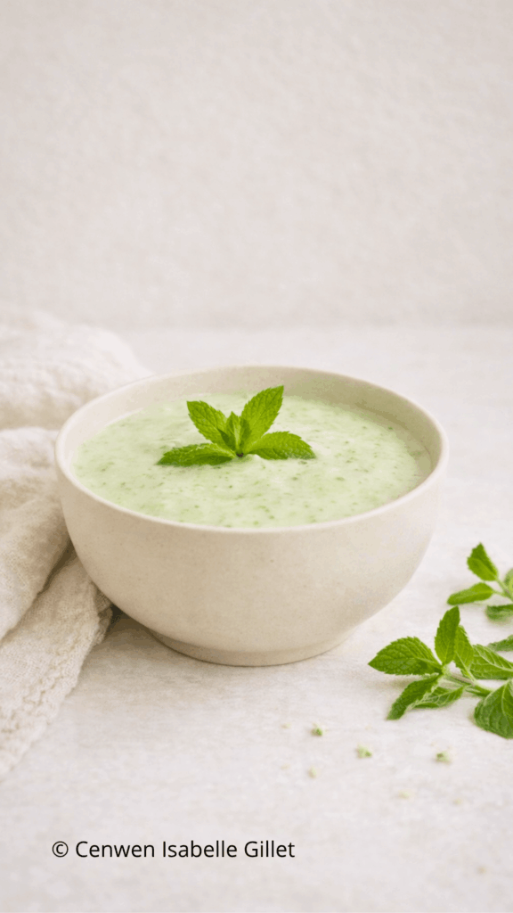 Velouté glacé de concombre et yaourt de soja dans un bol, décoré de feuilles de menthe fraîche