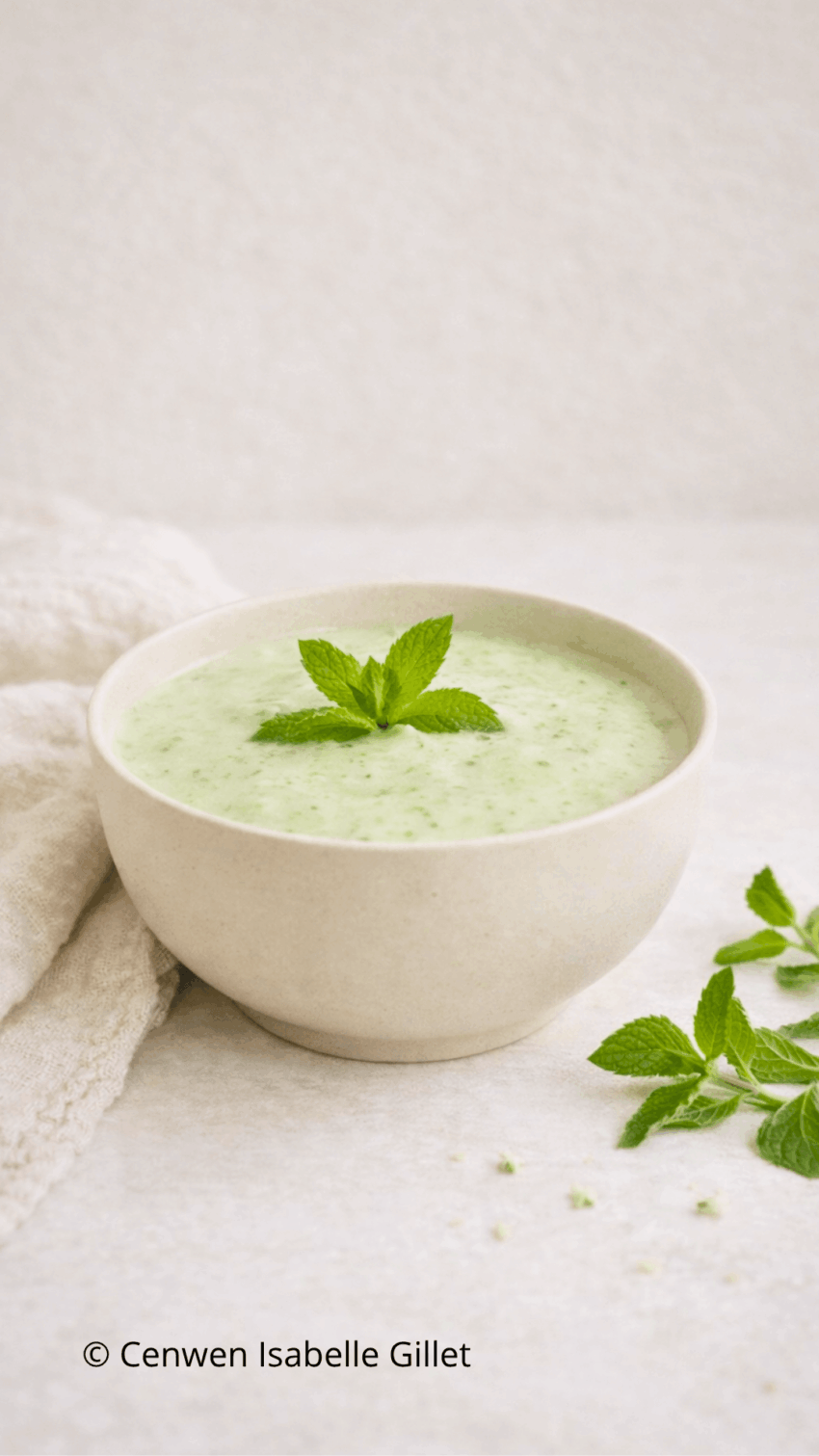 Velouté glacé de concombre et yaourt de soja dans un bol, décoré de feuilles de menthe fraîche