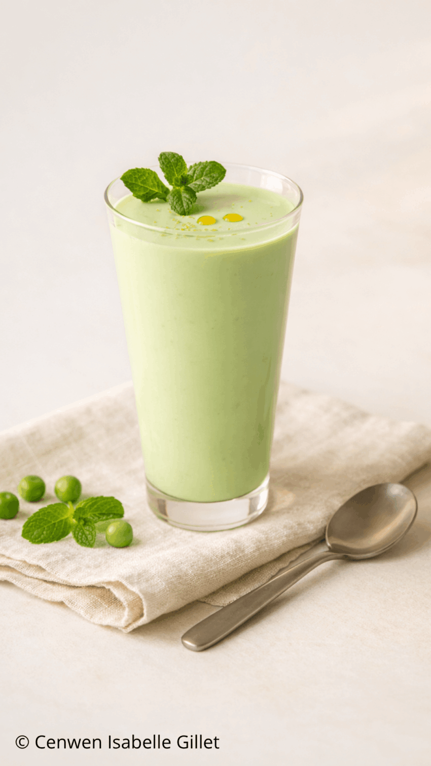 Verrine de yaourt de brebis aux petits pois croquants, menthe fraîche et filet d'huile d'olive posée sur un torchon en lin clair
